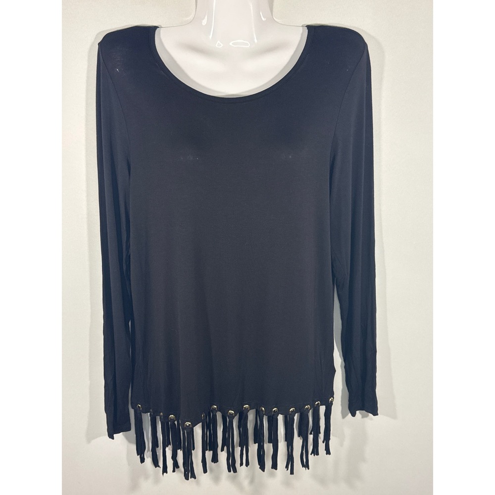 Michael‎ Kors Womens Black Fringe Grommet Long Sleeve Top Scoop Neck Small
